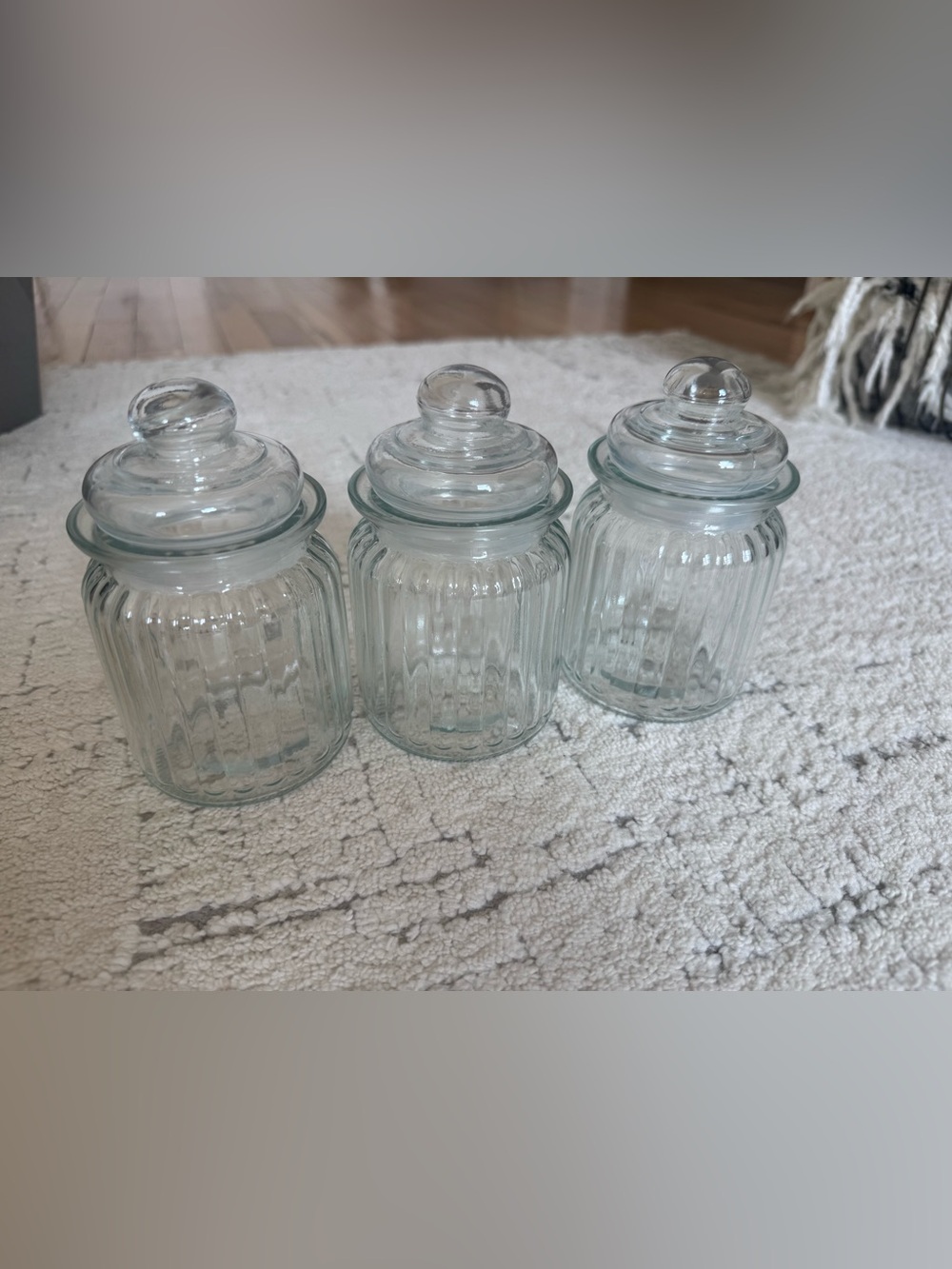 Set of 3 Fluted Clear Glass Apothecary Jars Bathroom Storage containers Decor